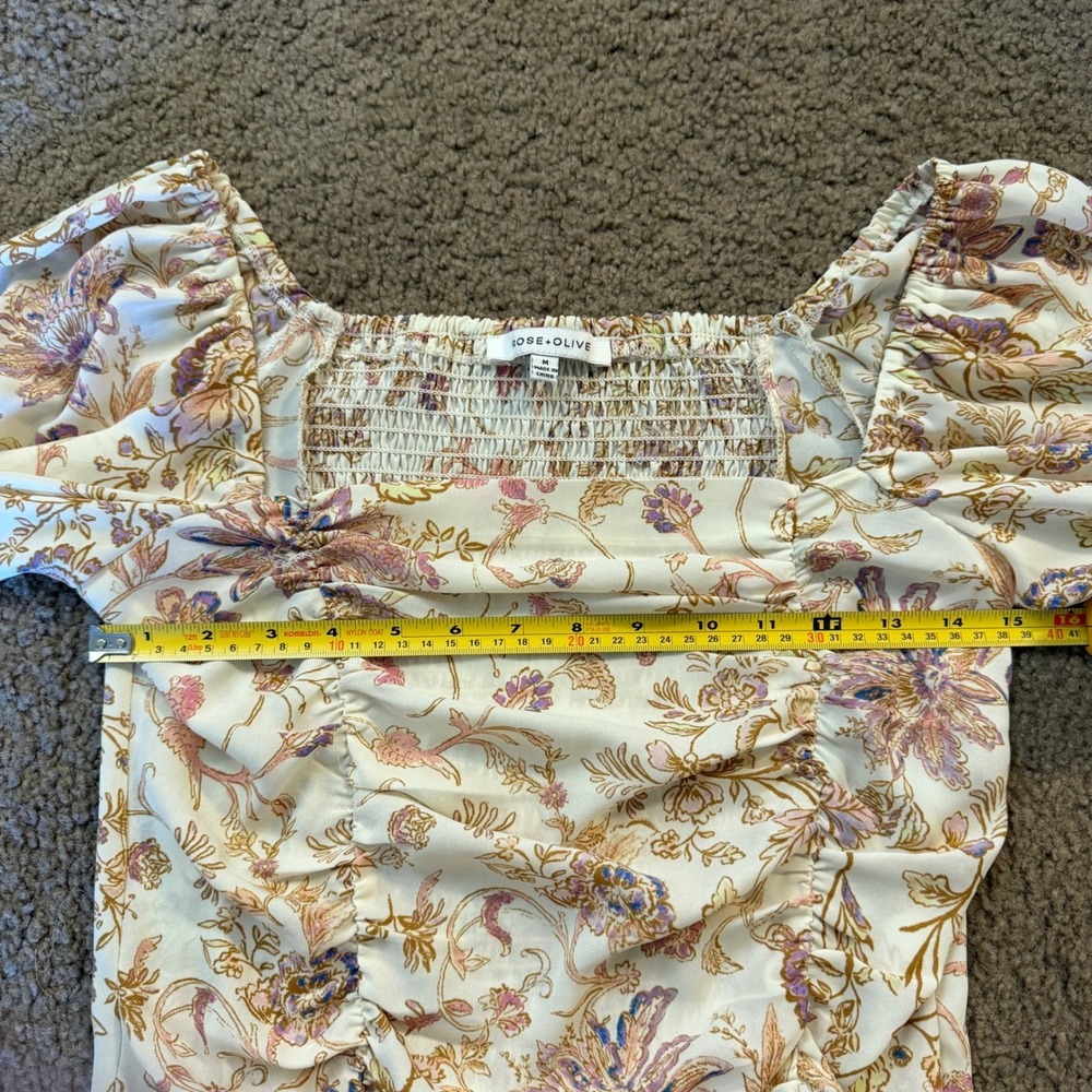 Rose + Olive Floral Blouse Medium Ruched Square Neck Puff Sleeve Cream Boho - Picture 6 of 7